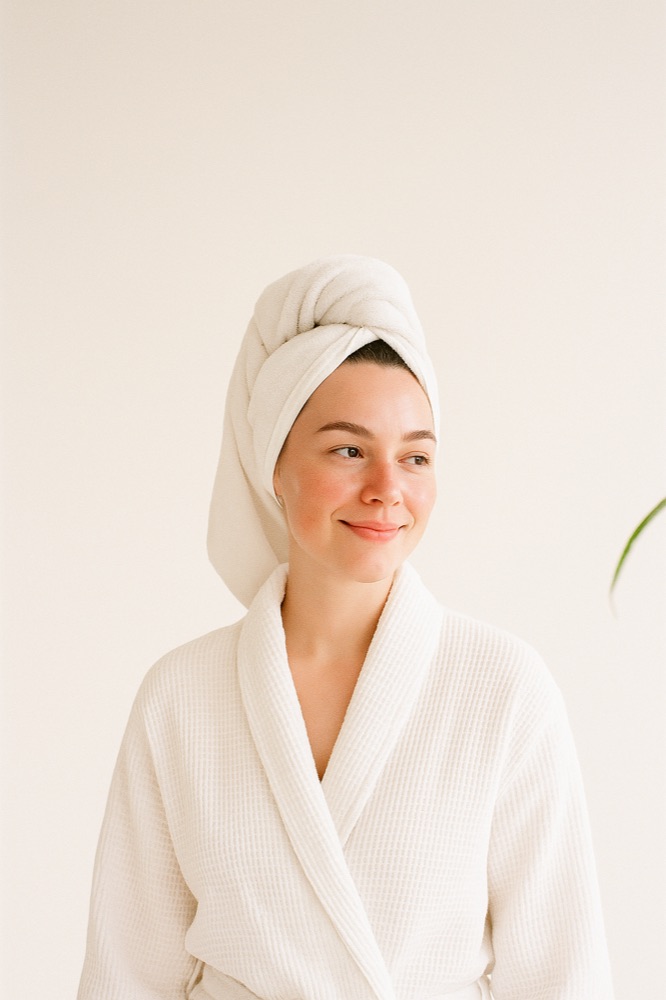 A woman with her hair up in a towel, out of the shower