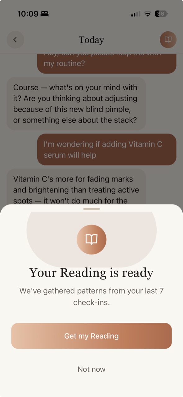 A Reading — a structured look at your recent skin story